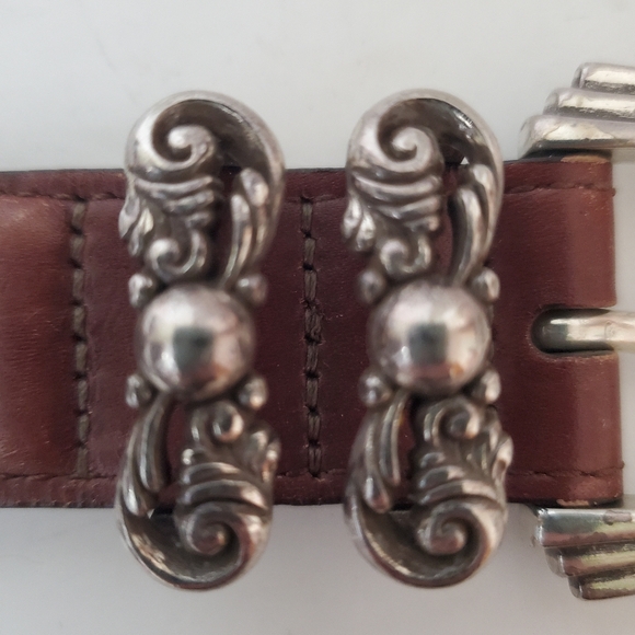 Brighton brown leather braided woven silver tone engraved buckle western belt M - Picture 5 of 10